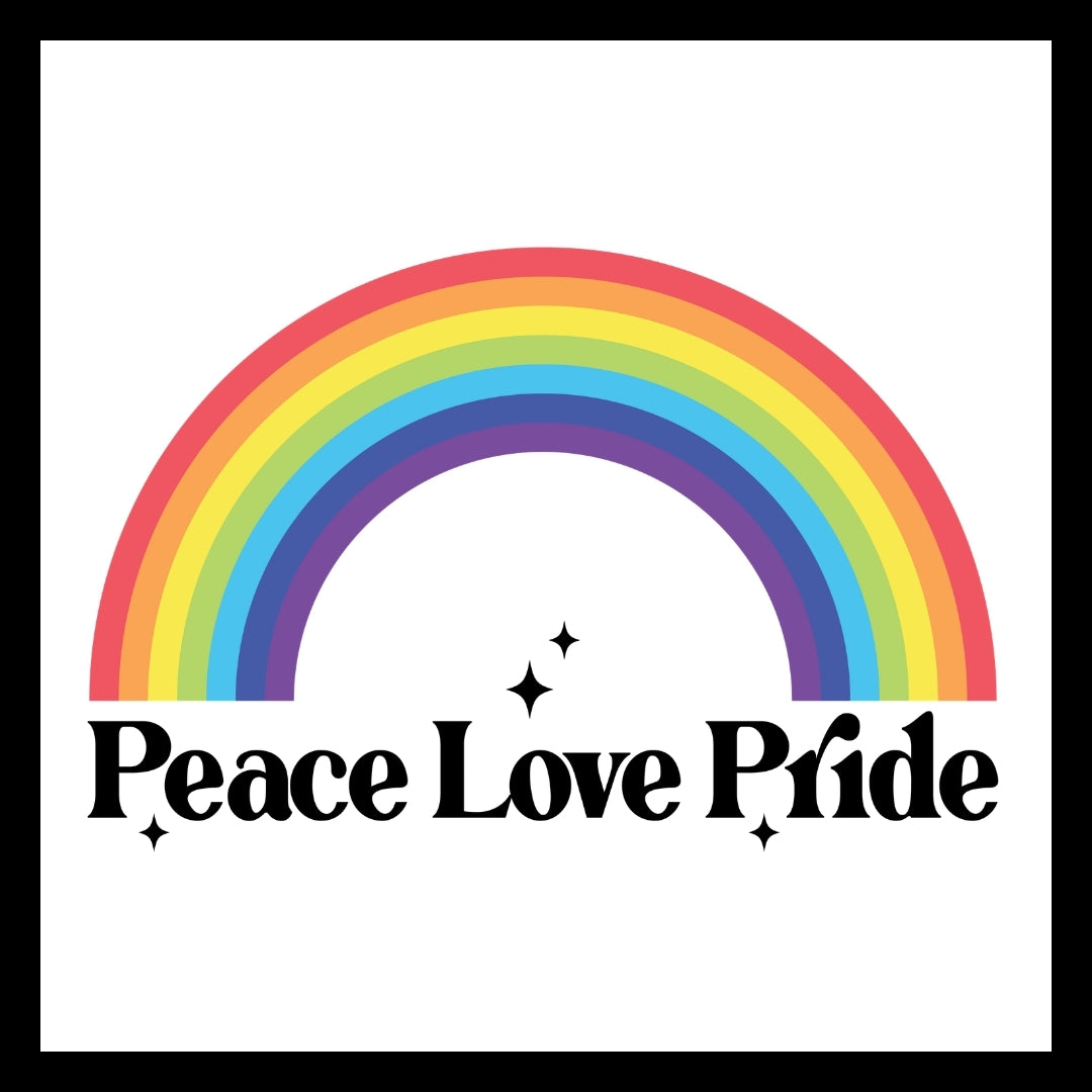Rainbow icon with 'Peace Love Pride' black text and black stars on a white background.