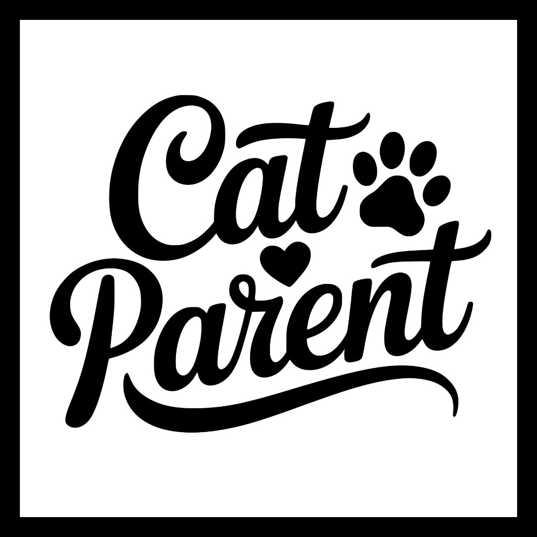 'Cat Parent' black text with a black paw print and heart on a white background.