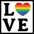 The word LOVE in black text with the O being a rainbow-colored heart on a white background.