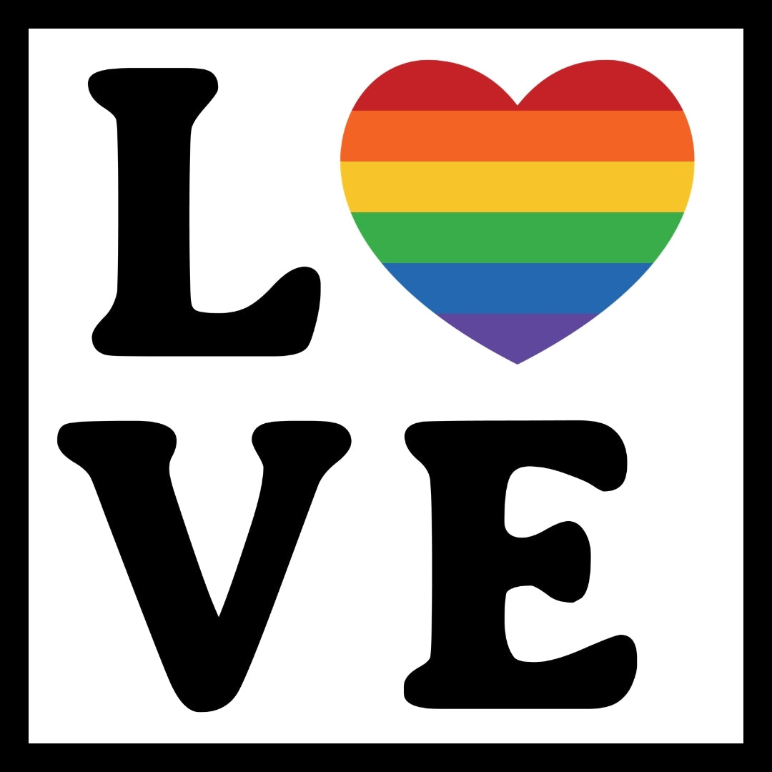The word LOVE in black text with the O being a rainbow-colored heart on a white background.