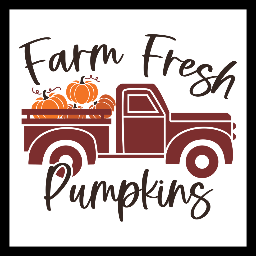 'Farm fresh pumpkins' in black text, with a red truck transporting several orange pumpkins, on a white background.