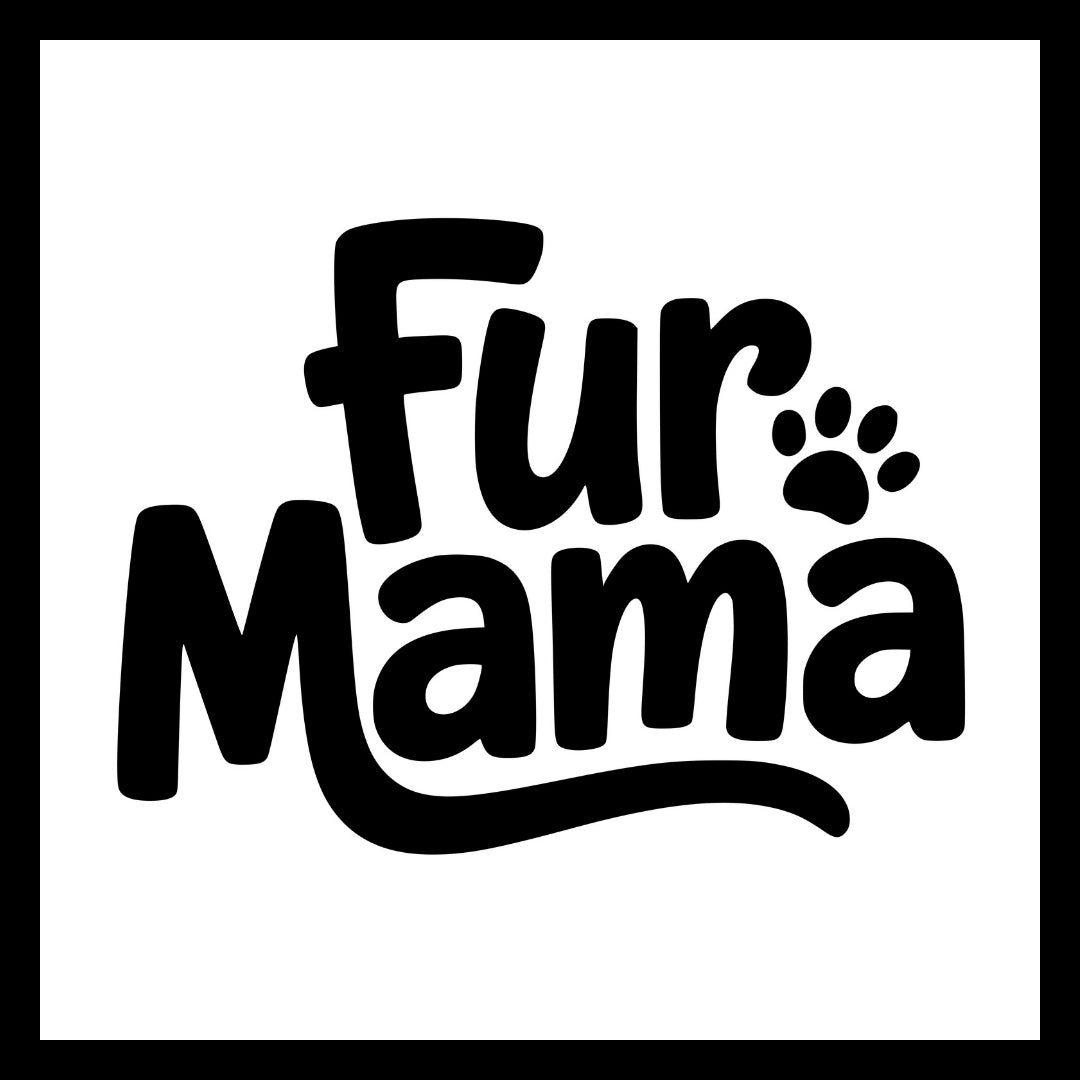 'Fur Mama' in black text with a small black paw print on a white background.