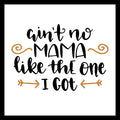 Black text 'ain't no MAMA like the one I GOT' with decorative orange elements on a white background.