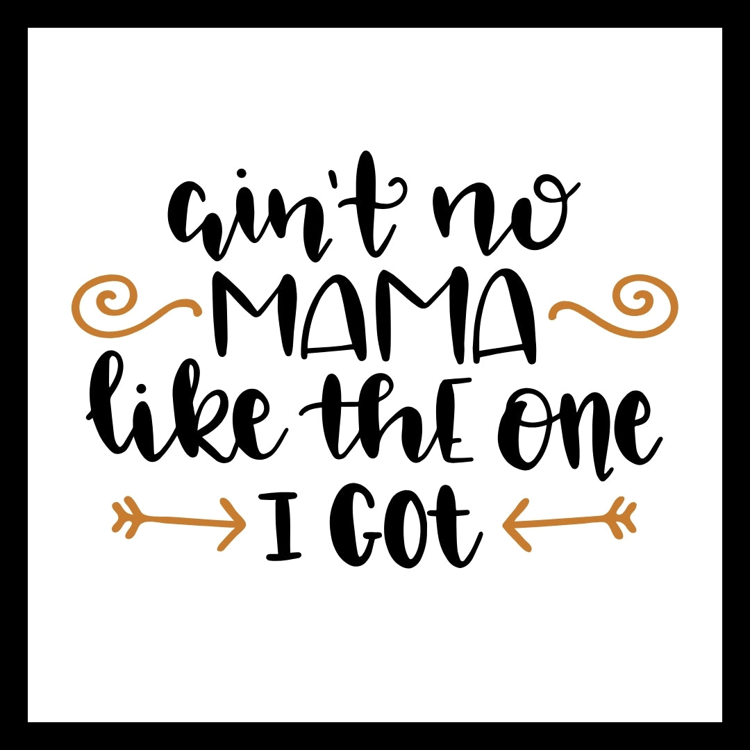 Black text 'ain't no MAMA like the one I GOT' with decorative orange elements on a white background.