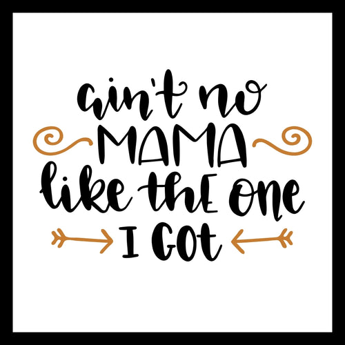 Black text 'ain't no MAMA like the one I GOT' with decorative orange elements on a white background.