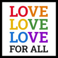 Colorful text 'LOVE LOVE LOVE FOR ALL' on a white background.