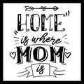 'Home is where mom is' in black text with an arrow and hearts on a white background.