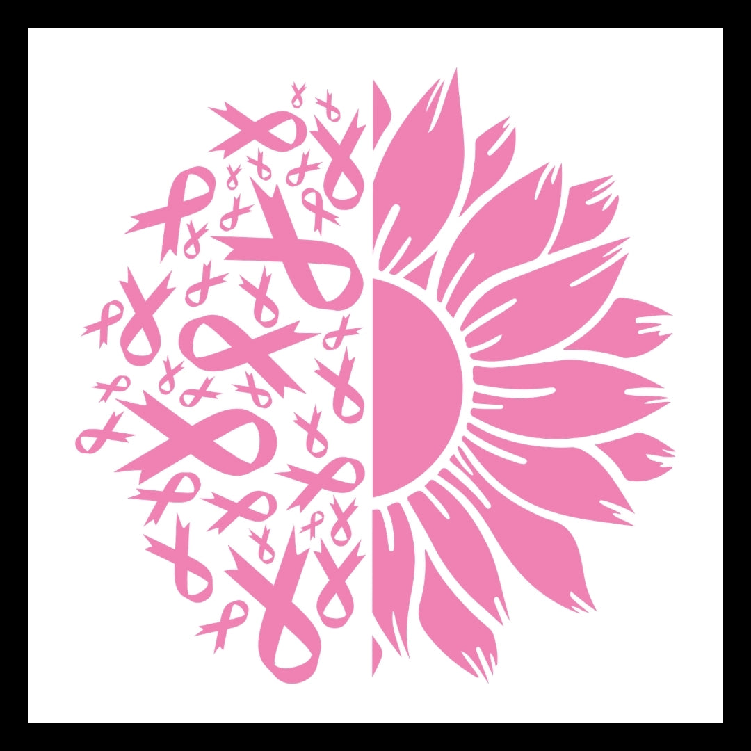 half of a pink flower with petals with the other half of the circular image being made up of tiny pink breast cancer ribbons, on a white background.