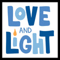 'Love and Light' text in various shades of blue with a yellow candlelight, on a white background.