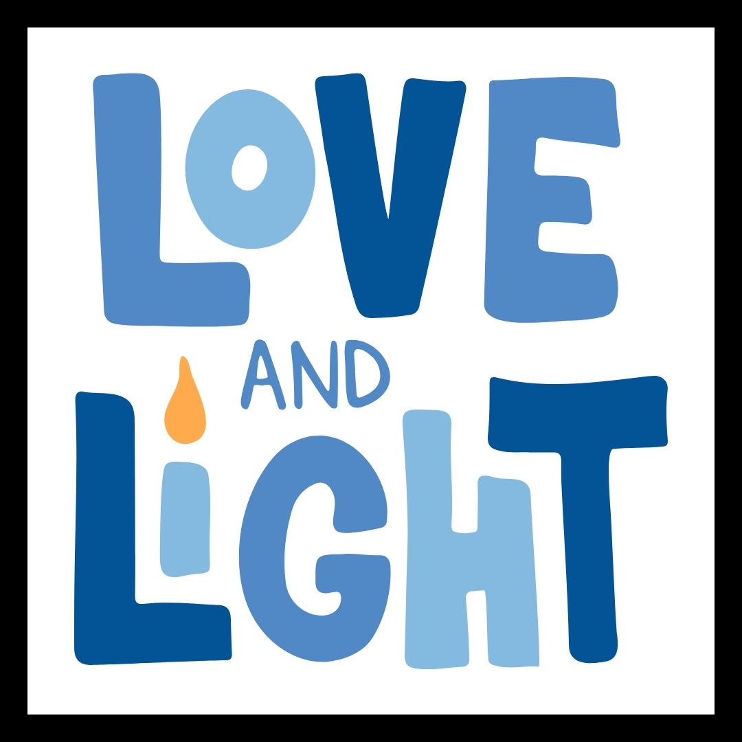 'Love and Light' text in various shades of blue with a yellow candlelight, on a white background.