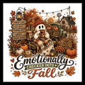 'Emotionally checked into fall' in black, green/being and orange text, with an image of an off-white colored ghost wrapped up in a multi-colored fall-inspired blanket located outside at a farm, surrounded by orange and white pumpkins, fall flowers, etc... on a white background.