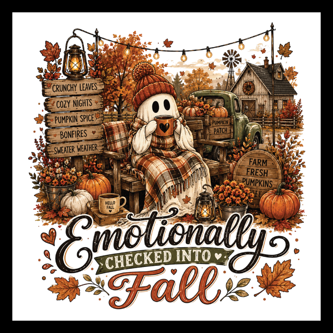 'Emotionally checked into fall' in black, green/being and orange text, with an image of an off-white colored ghost wrapped up in a multi-colored fall-inspired blanket located outside at a farm, surrounded by orange and white pumpkins, fall flowers, etc... on a white background.
