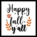 'Happy fall y'all' in black text, with orange and light brown leaves/fall decor, on a white background.
