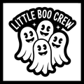 'Little boo crew' in white text on a black background surround with four smiling ghosts, on a white background.