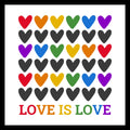 Multiple multi-colored and black hearts with multi-colored wording 'love is love' at the bottom, on a white background.