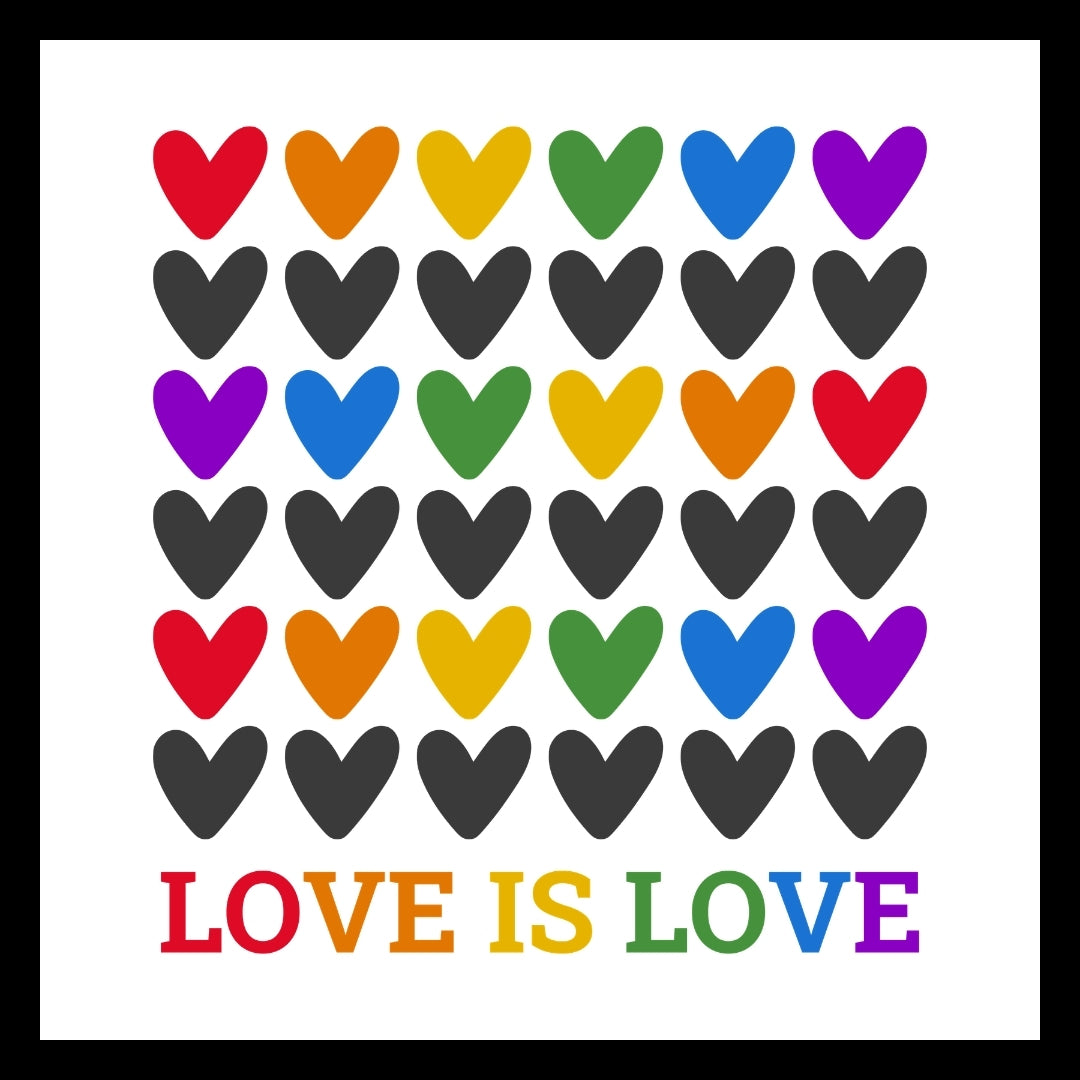 Multiple multi-colored and black hearts with multi-colored wording 'love is love' at the bottom, on a white background.
