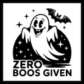 'Zero boos given' in black text, with a flying smiling ghost and black bat with with stars on a black overlay, on a white background.