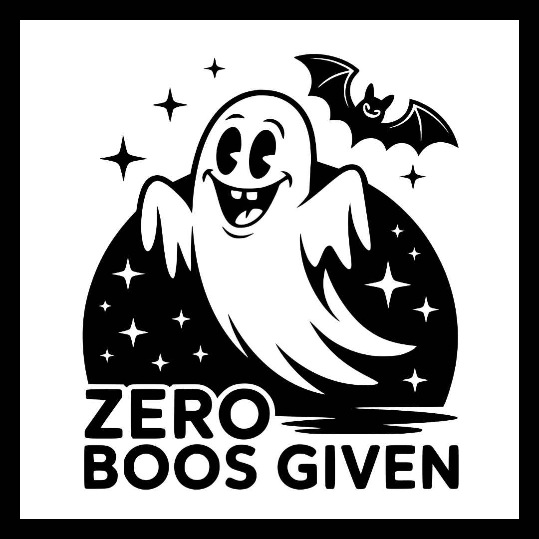 'Zero boos given' in black text, with a flying smiling ghost and black bat with with stars on a black overlay, on a white background.