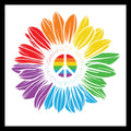 Colorful flower petals with a multi-colored peace symbol in the center on a white background.