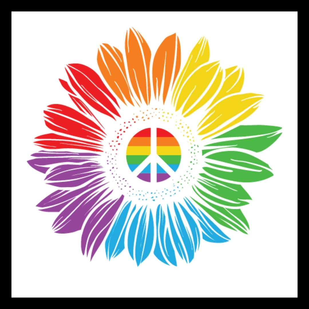Colorful flower petals with a multi-colored peace symbol in the center on a white background.
