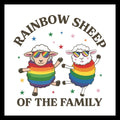 Two sheep wearing multi-colored sunglasses in rainbow outfits and stars around them , labeled 'Rainbow Sheep of the Family' on a white background.