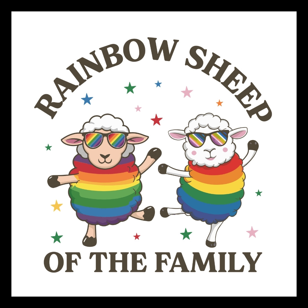 Two sheep wearing multi-colored sunglasses in rainbow outfits and stars around them , labeled 'Rainbow Sheep of the Family' on a white background.