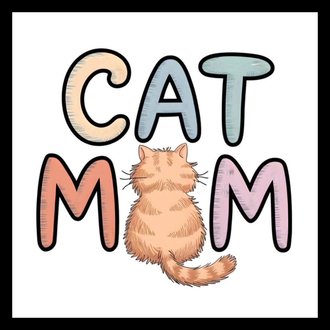 Illustration of a cat between the letters 'M' and 'M' with colorful text spelling 'CAT MOM' on a white background.