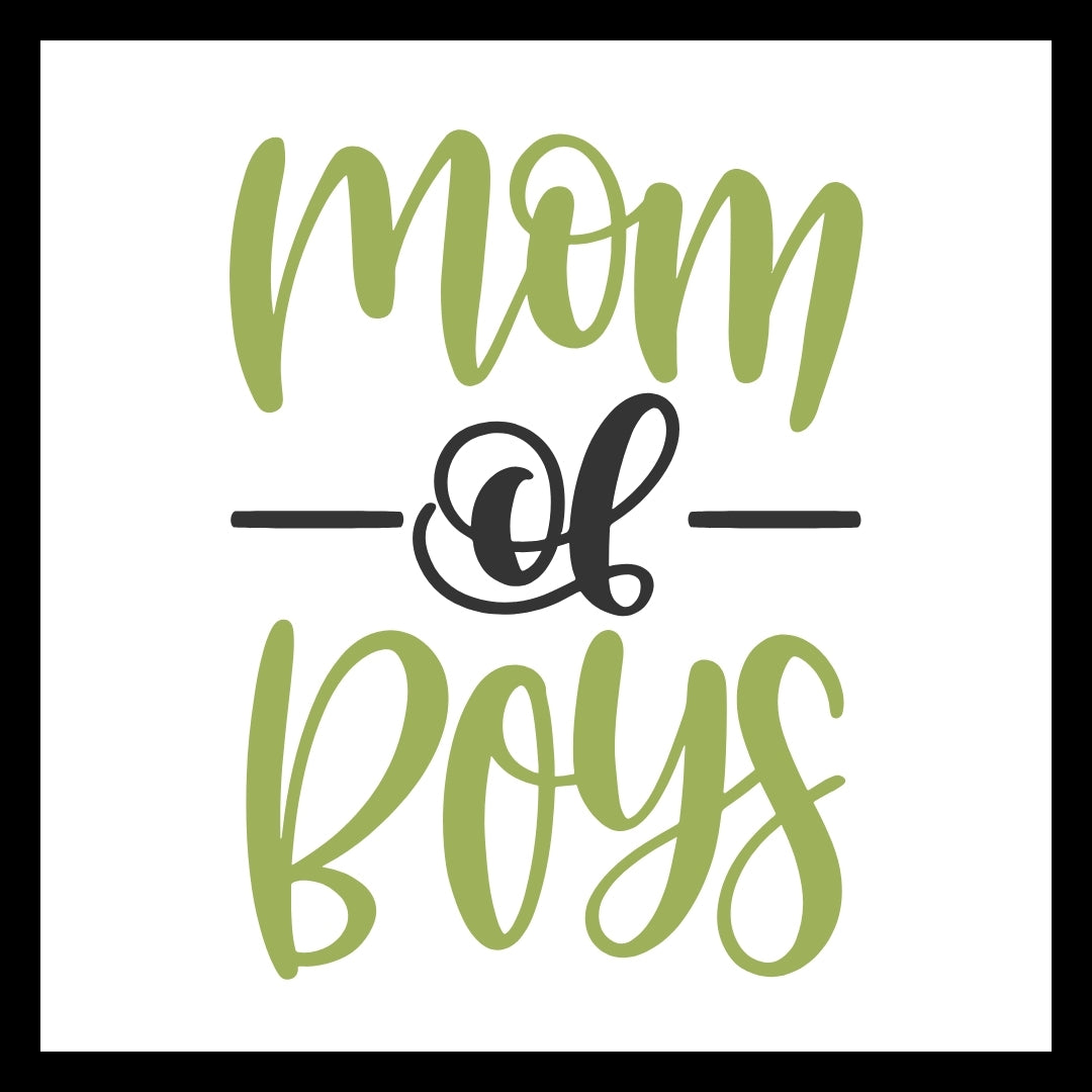 'Mom of Boys' in green and black text on a white background.