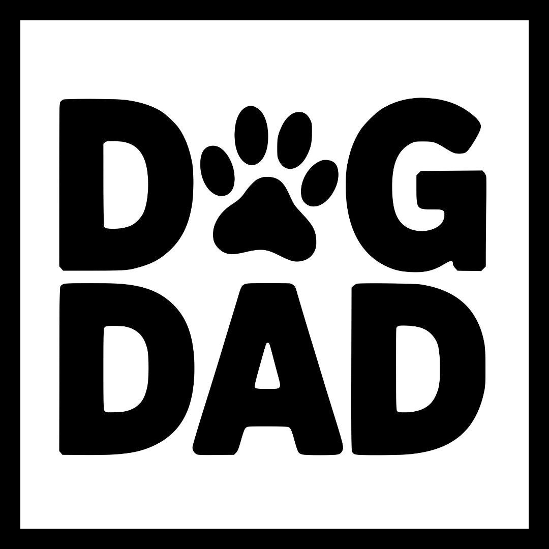 'DOG DAD' in black text with a paw print in place of the 'O' in dog, on a white background.