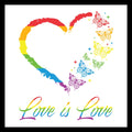 Colorful heart and butterflies design with 'Love is Love' multi-colored text on a white background.