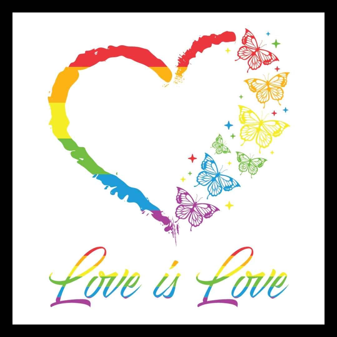Colorful heart and butterflies design with 'Love is Love' multi-colored text on a white background.