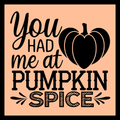 'You had me at pumpkin spice' in black text with a heart-shaped black pumpkin on a light orange/apricot background.
