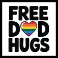 The text 'free dad hugs' in black, with a rainbow-colored heart in the place of the letter A in 'dad', on a white background.