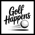 'Golf happens' in black text with a moving golf ball, on a white background.