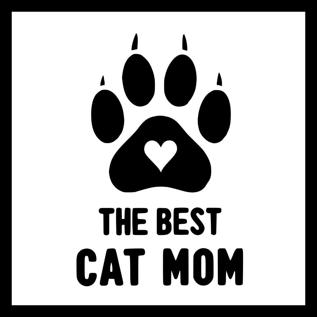 Black paw print with white heart in the center and 'The Best Cat Mom' in black text on a white background.
