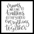 'Mums are like buttons, they hold everything together' in black text, with black images sewing buttons on a white background.