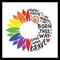 Pride-themed design with rainbow colors, hearts, and motivational text on a white background.