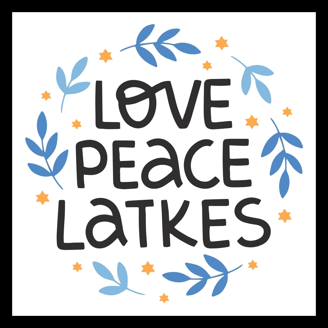 'LOVE PEACE LATKES' black text with decorative yellow stars and blue leaf elements on a white background.