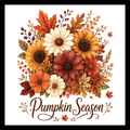 'Pumpkin Season' brown  text, images of multi-colored fall flowers and accents, on a white background.