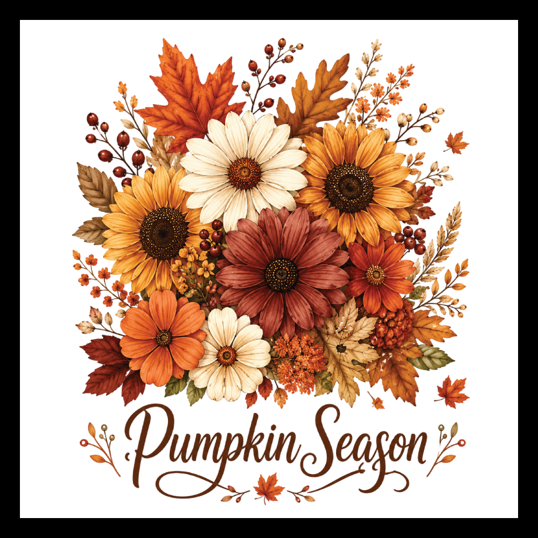 'Pumpkin Season' brown  text, images of multi-colored fall flowers and accents, on a white background.
