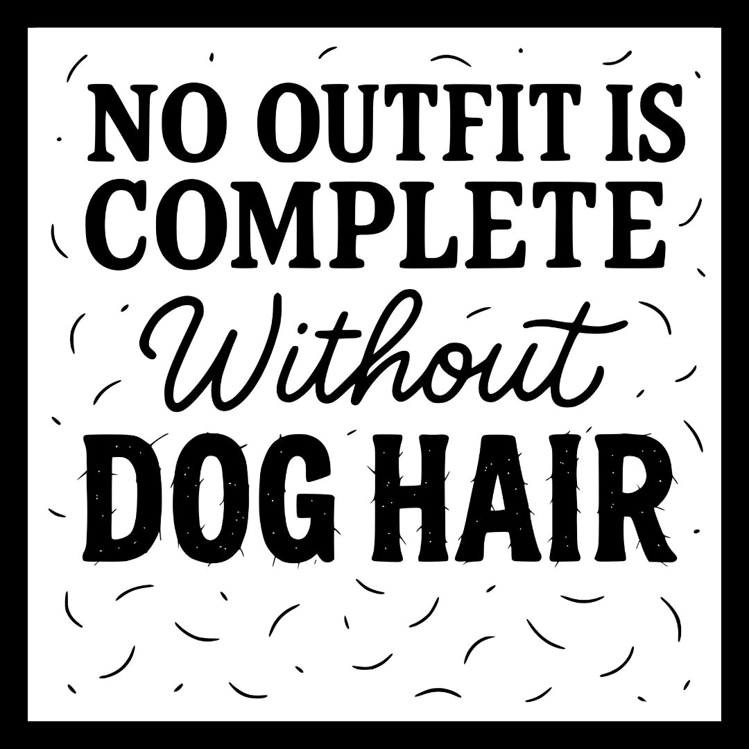 'No outfit is complete without dog hair' in black text on a white background.
