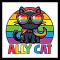 Black cat wearing rainbow sunglasses and a rainbow scarf with 'ALLY CAT' multi-colored text on a rainbow round backdrop on a white background.