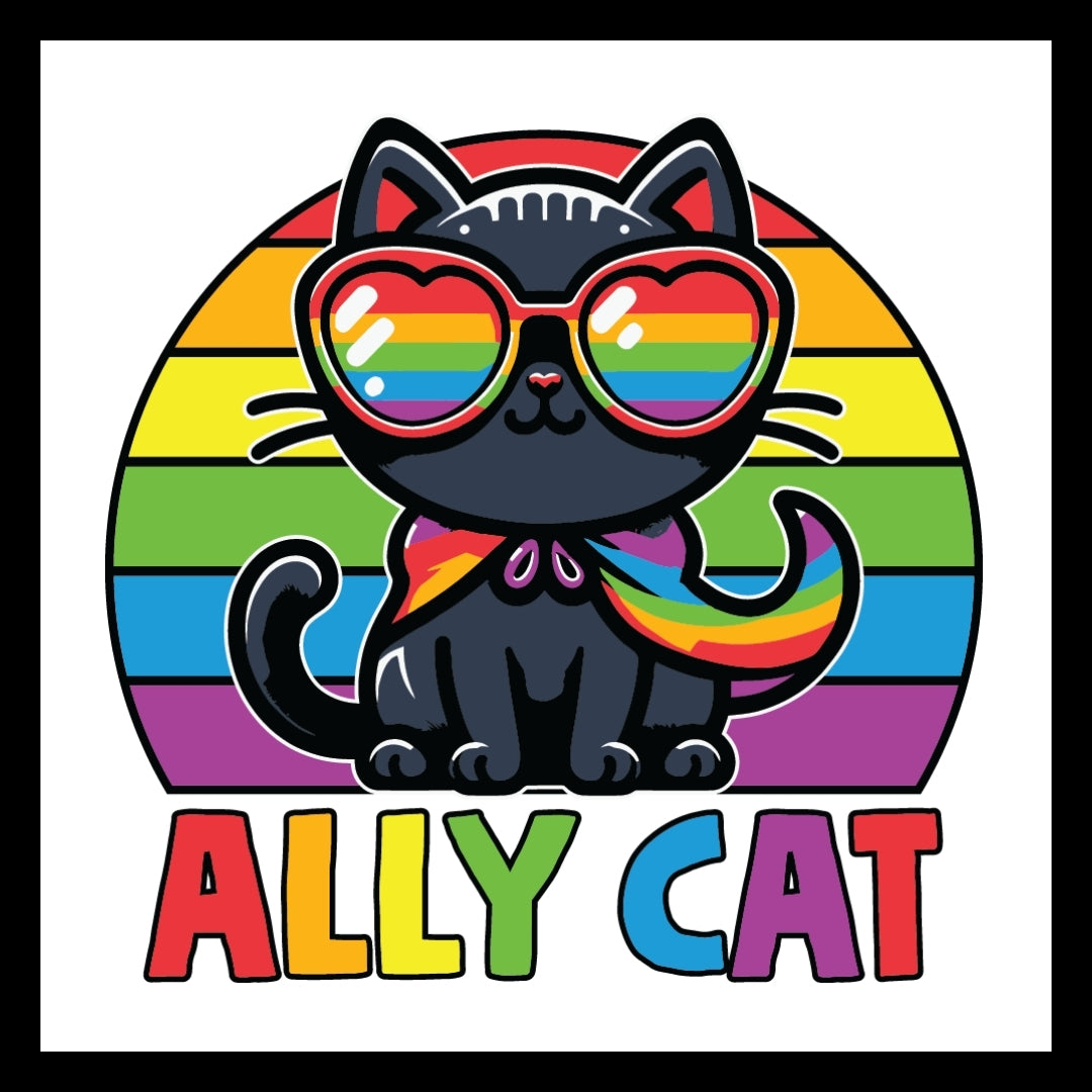 Black cat wearing rainbow sunglasses and a rainbow scarf with 'ALLY CAT' multi-colored text on a rainbow round backdrop on a white background.