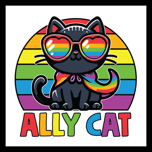 Black cat wearing rainbow sunglasses and a rainbow scarf with 'ALLY CAT' multi-colored text on a rainbow round backdrop on a white background.