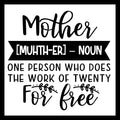 'Mother (MUHTH-ER - noun) one person who does the work of twenty for free' in black text with decorative elements on a white background.