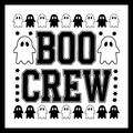 'Boo Crew' in black text, with numerous images of black and white ghosts on the borders of the square magnet with several black stars, on a white background.