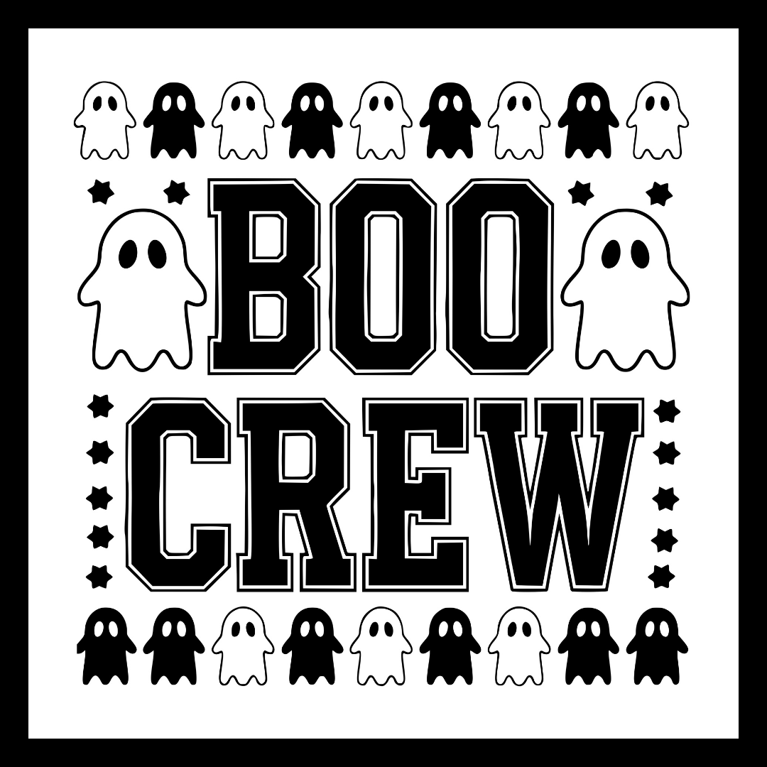 'Boo Crew' in black text, with numerous images of black and white ghosts on the borders of the square magnet with several black stars, on a white background.