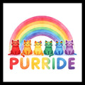 Colorful rainbow with six multi colored cats and the multi-colored word 'PURRIDE' on a white background.