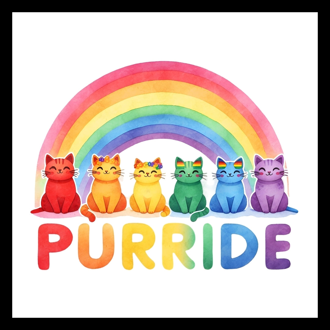 Colorful rainbow with six multi colored cats and the multi-colored word 'PURRIDE' on a white background.