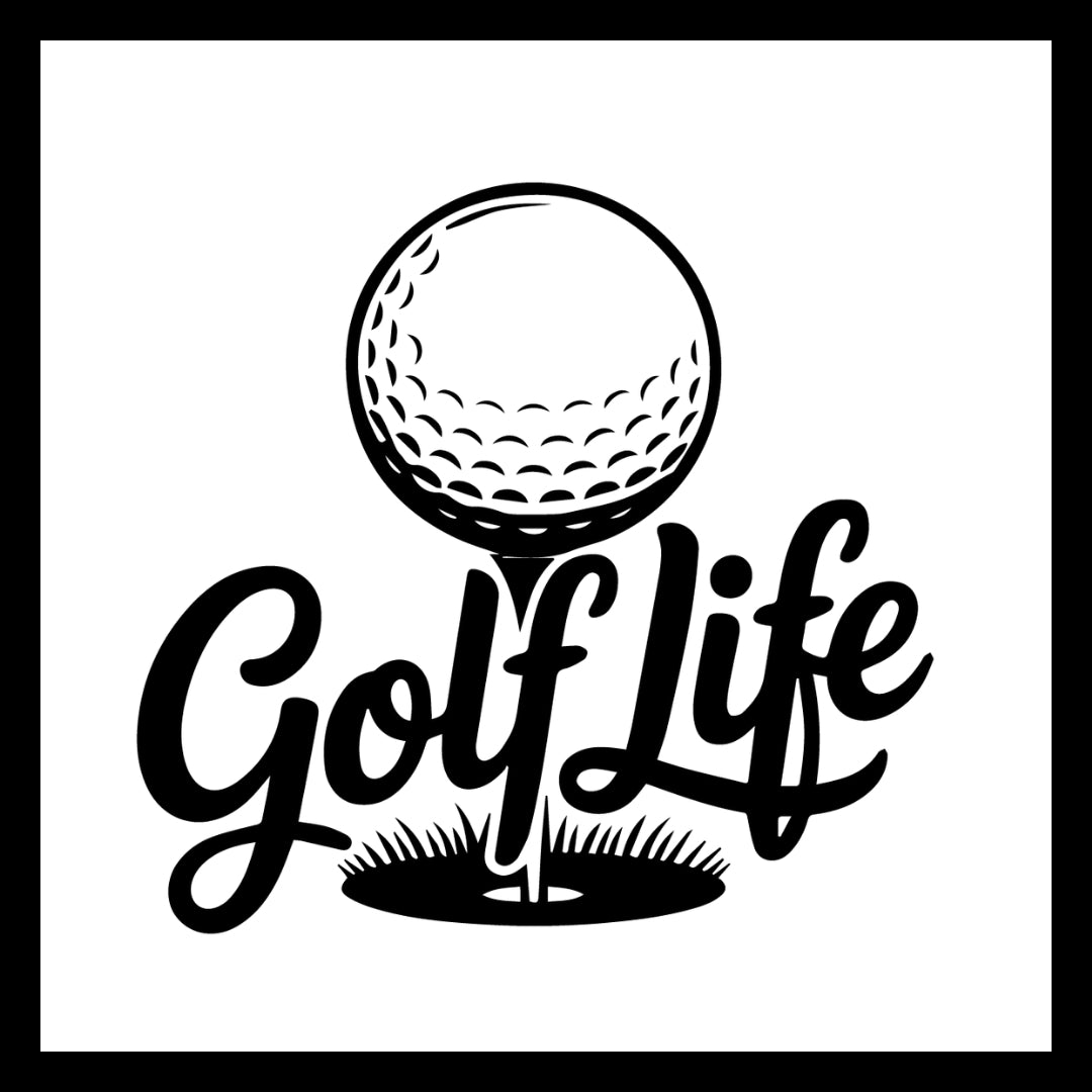 'golf life' in black text with a golf ball logo on a tee in grass, on a white background.